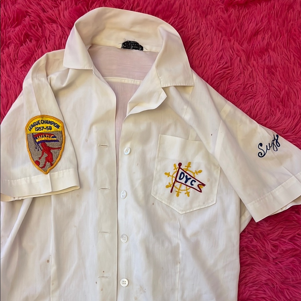 Vintage White Bowling Shirt with Patches embroidered Detroit Yacht Club 50’s